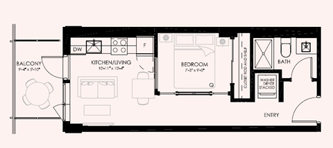 Floor plan for 1 bed, 1 bath, 380 sqft